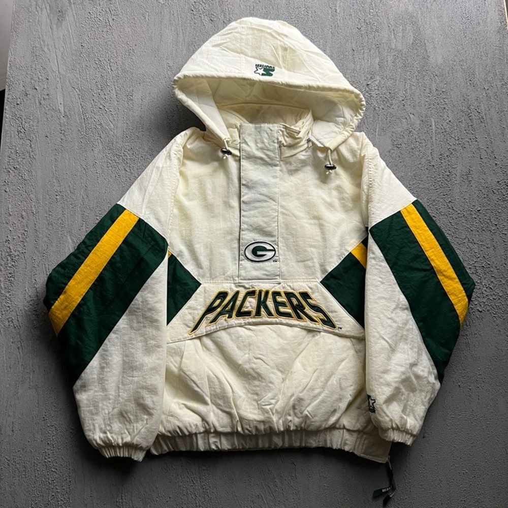 Vintage Green Bay Packers Jacket Large White 1990s NFL Anorak Pullover Starter